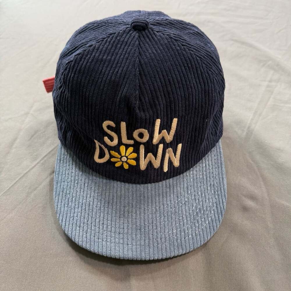 Natural Life Slow Down Corduroy Hat Navy Blue Floral Embroidered Strapback